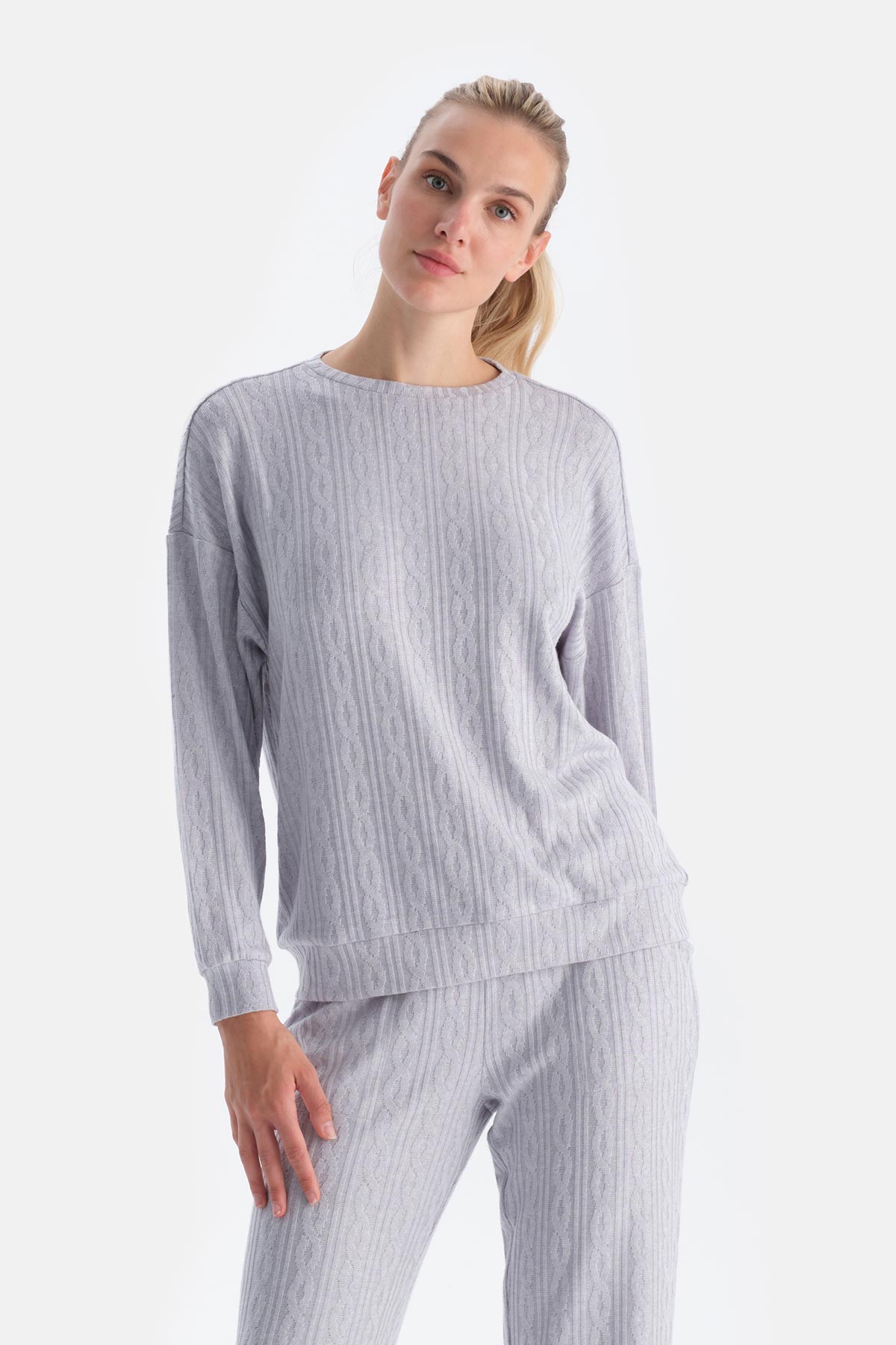 Gri Örgü Detaylı Bisiklet Yaka Sweatshırt24AW11303BB_322 | DAGI
