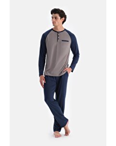 Lacivert Reglan Kol Detaylı Tişört Pantolon Pijama Takımı