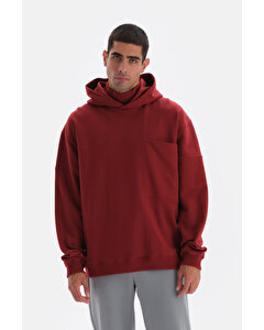 Bordo Cep Detaylı Kapüşonlu Sweatshirt