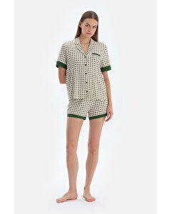 Ekru Geometrik Desenli Gömlek Şort Pijama Takımı