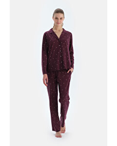 Bordo Kalp Ve Çizgi Baskılı Penye Modal Gömlek Pantolon Pijama Takımı