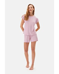 Açık Pembe Kayık Yaka Viskon Şortlu Pijama Takımı