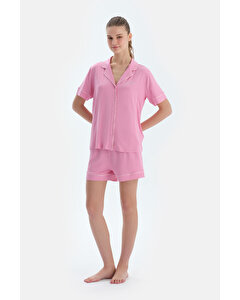 Pembe Biye Ve Nakış Detaylı Viskon Gömlek Şort Pijama Takımı