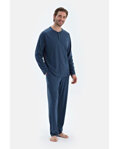 Lacivert Reglan Uzun Kollu Basıc Tişört Pantolon Pijama Takımı