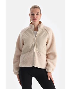 Krem Kadın Önden Fermuarlı Garnili Polar Sweatshırt