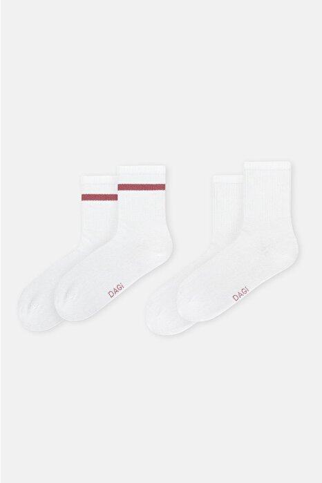 Beyaz Kadın Çizgi Desen Spor Çorap 2'Li