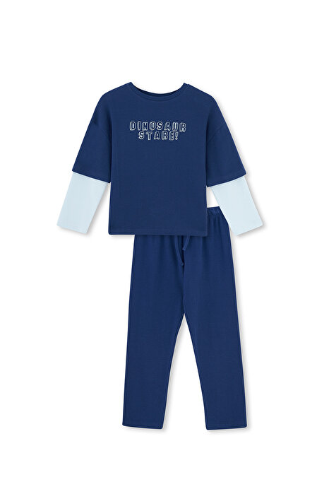 Lacivert Slogan Baskı Detaylı Uzun Kollu Pijama Takımı