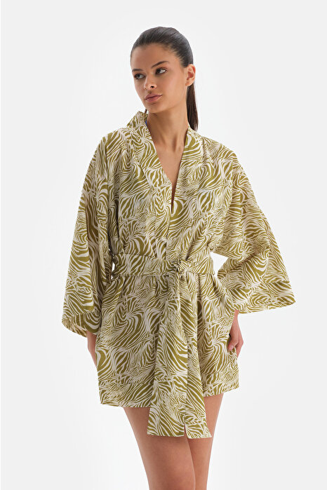 Yeşil-Beyaz Pamuklu Kimono