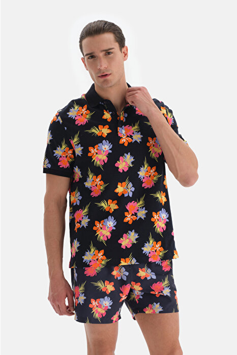 Lacivert - Pembe Pike Polo Yaka Çiçek Desenli T-Shirt