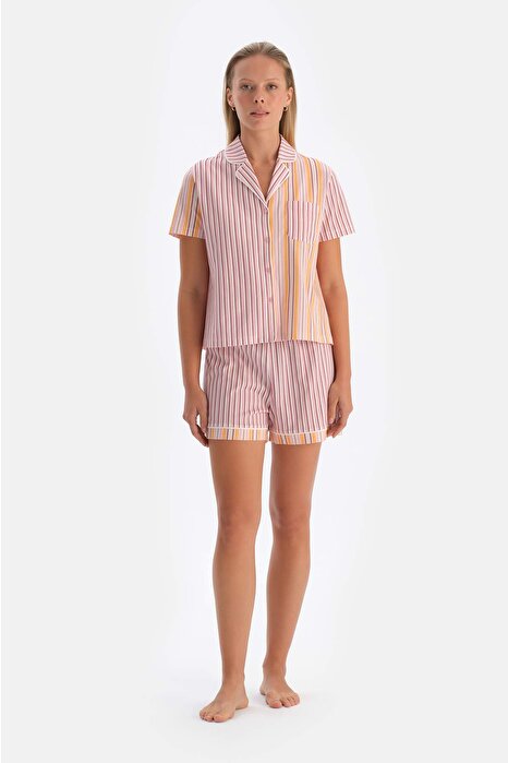Multıcolor Patchwork Çizgili Gömlek Şort Pijama Takımı