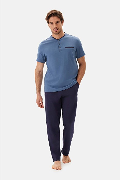 Açık Mavi Kısa Kollu Patlı Tişört Pantolon Pijama Takımı