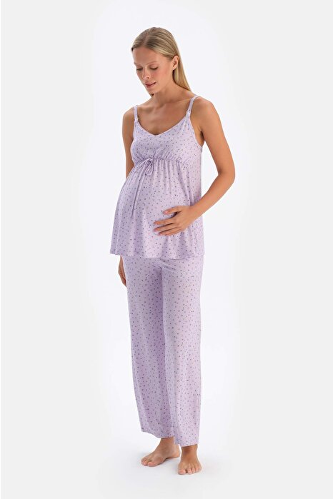 Lila Metraj Çiçek Baskılı Penye Modal Hamile Pijama Takımı