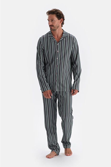 Füme Gömlek Yaka Çizgili Pamuk Modal Pijama Takımı
