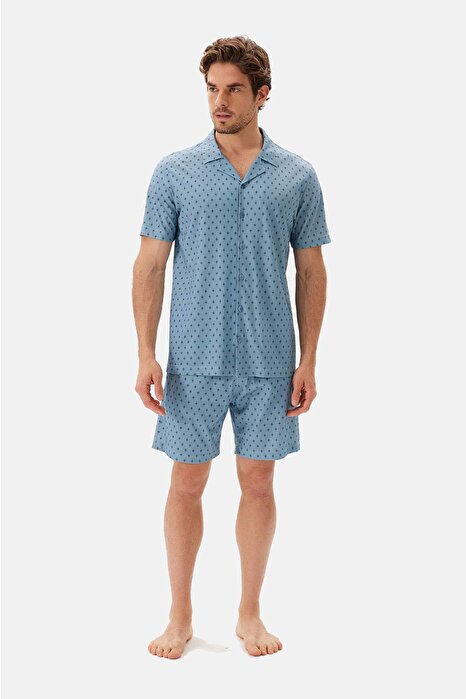 Mavi Desenli Gömlek Şort Pijama Takımı