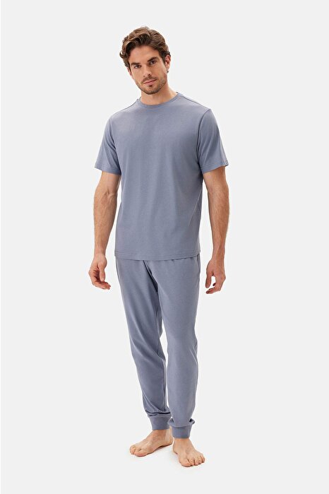 Mavi Bis Yaka Jogger Paça Cellıant Pijama Takımı