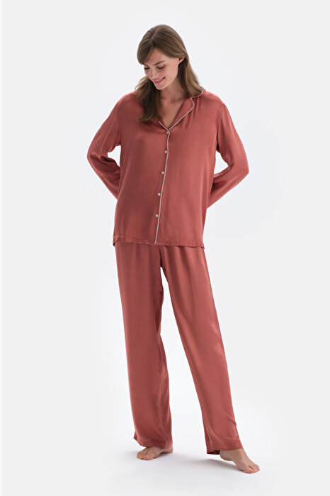 Kiremit Biye Detaylı Saten Pantolon Pijama Altı