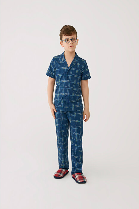 Lacivert Pamuklu Ekoseli Erkek Çocuk Gömlek Pijama Takımı