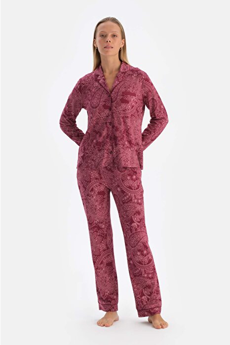 Bordo Şal Desenli Pamuk Modal Gömlek Pantolon Pijama Takımı