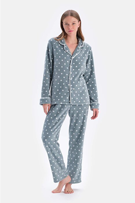 Açık Gri Puantiyeli Polar Pijama Takımı
