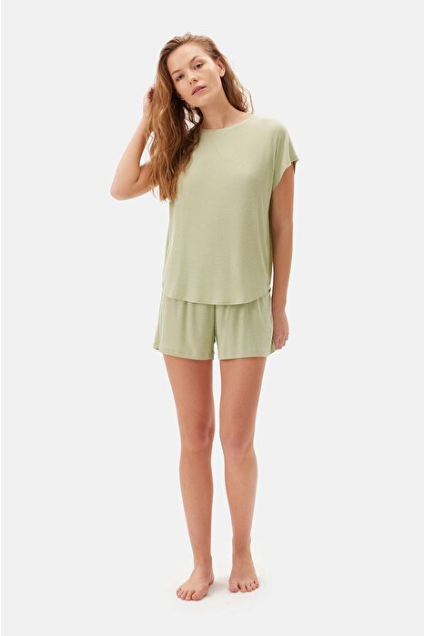 Açık Yeşil Düşük Kol Tişört Şort Pijama Takımı