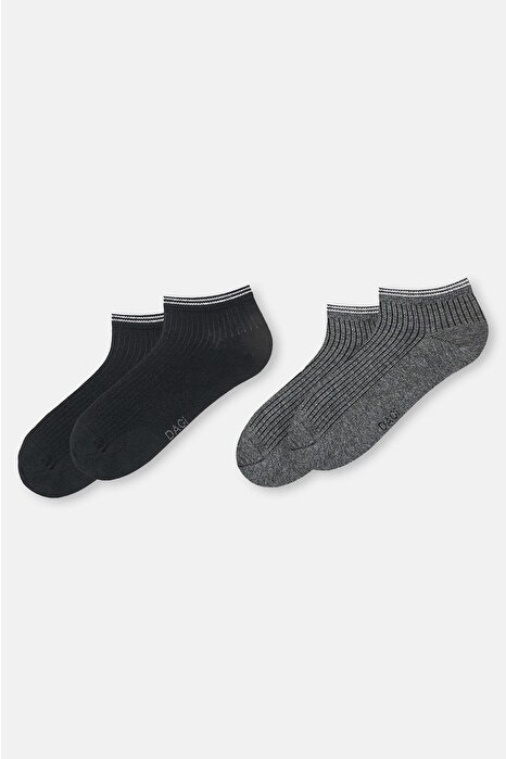 Beyaz-Gri Melanj Erkek 2'Li Pamuklu Rıb Dokulu Patik Çorap