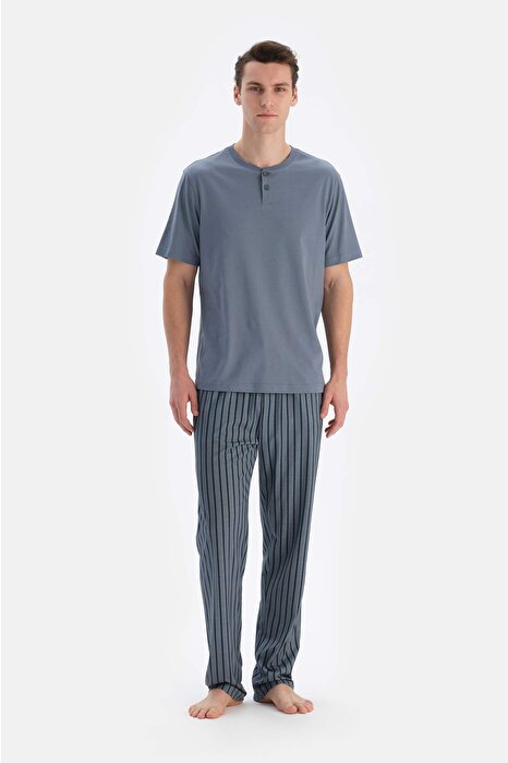 İndigo Yarım Patlı Kısa Kollu Tişört Pantolon Pijama Takımı