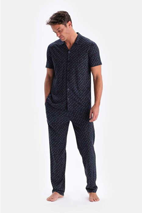Lacivert Metraj Baskılı Pamuk Modal Gömlek Pantolon Pijama Takımı