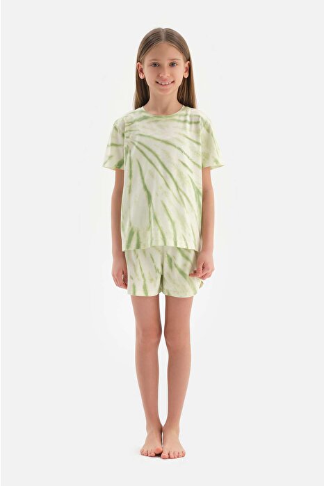 Açık Yeşil Metraj Baskılı Kısa Kollu Tişört Şort Pijama Takımı