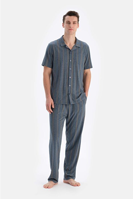 Multıcolor Gömlek Yaka Kısa Kollu Çizgili Modal Pijama Takımı