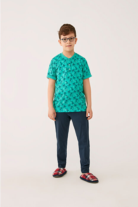 Yeşil O Yaka Pamuk Palmiye Empirme Altı Ribana Erkek Çocuk Kısa Kol Pijama Takımı