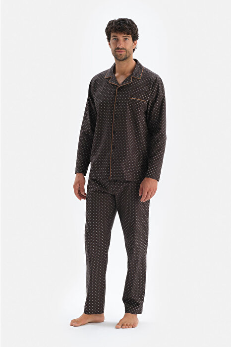 Kahverengi Uzun Kol Ceket Yaka Pamuklu Pijama Takımı