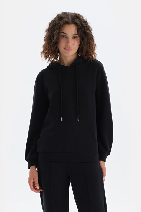 Siyah Kapüşonlu Basic Modal Sweatshirt
