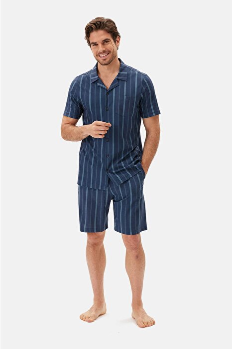 Lacivert Çizgili Gömlek Şort Pijama Takımı