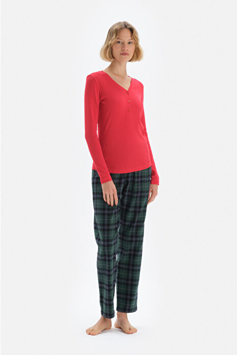 Kırmızı Ekoseli Düğmeli Yaka Pamuklu Pijama Takımı