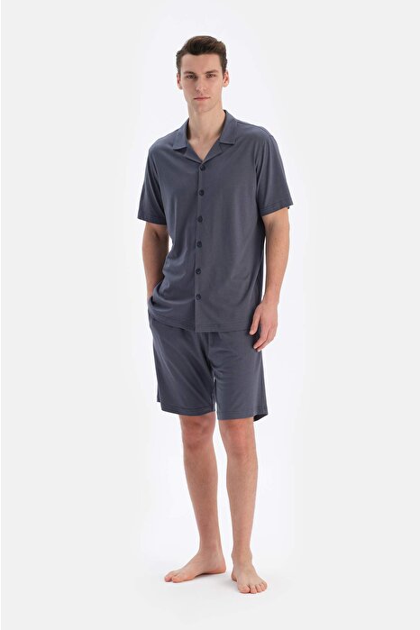 İndigo Cepli Gömlek Şort Modal Pijama Takımı