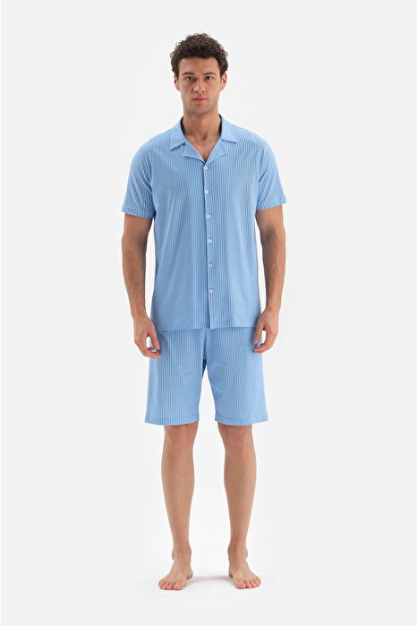 Mavi Gömlek Yaka Metraj Baskılı Şort Pijama Takımı