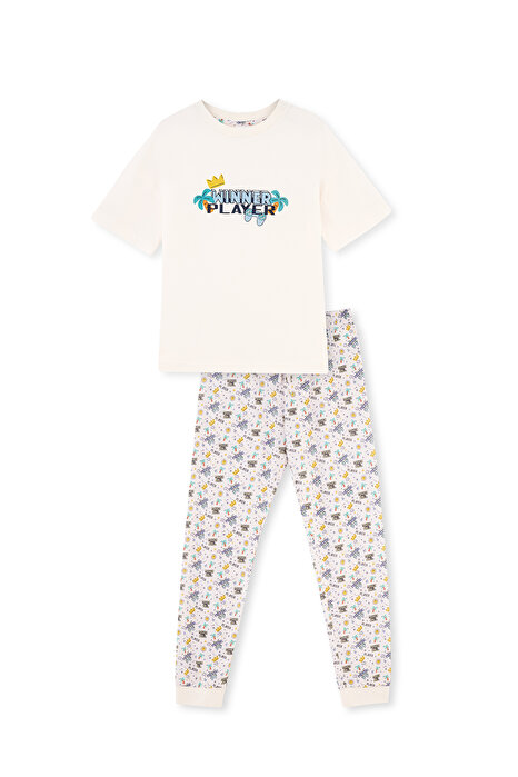 Ekru Kısa Kollu Slogan Baskılı Penye Modal Pijama Takımı
