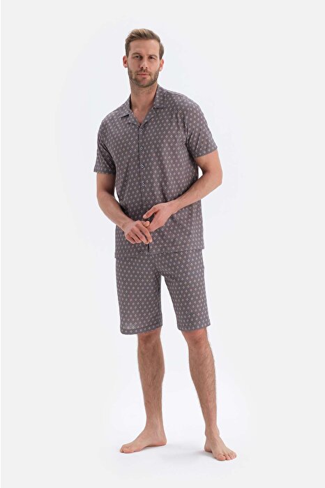 Gri Metraj Baskılı Gömlek Şort Örme Pijama Takımı