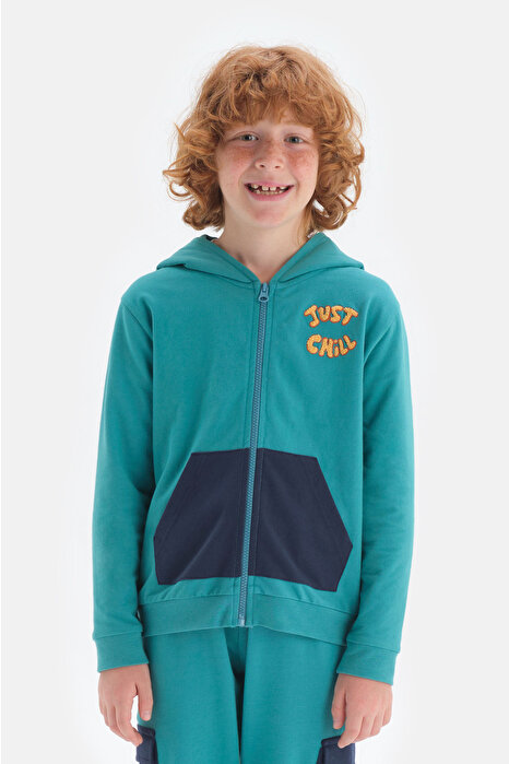 Erkek Çocuk Yeşil Kapüşonlu Fermuarlı Sweatshirt