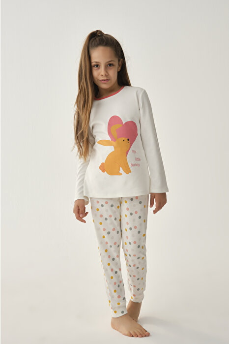 Beyaz Kız Çocuk Uzun Kol Pijama Takımı