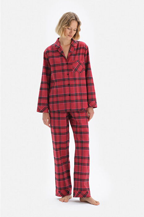Kırmızı Ekoseli Ceket Yaka Pamuklu Pijama Takımı