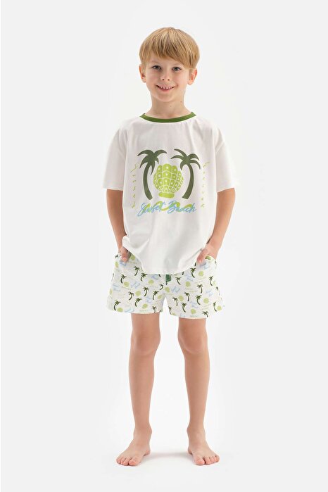 Erkek Çocuk Beyaz Palmiye Baskılı Şortlu Pijama Takımı