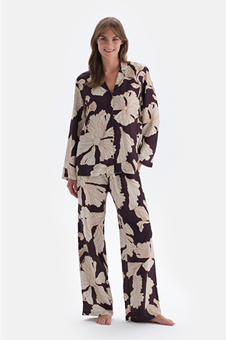 Mor Çiçek Baskı Detaylı Saten Pantolon Pijama Altı
