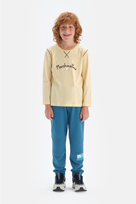 Erkek Çocuk Mavi Slogan Etiketli Dizi Nervürlü Jogger Pantolon