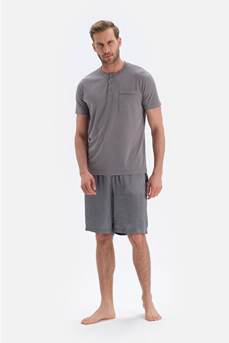 Gri T-Shirt Pantolon Şort Üçlü Set Damat Pijama Takımı