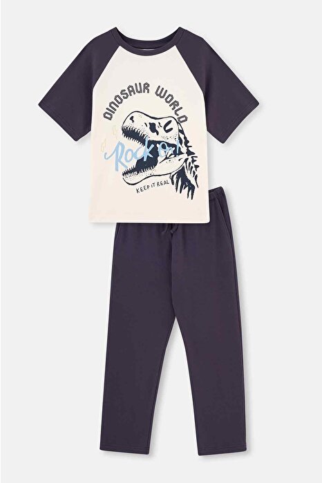 Antrasit Kısa Kollu Dinozor Baskılı Pijama Takımı