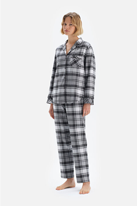 Gri Ekoseli Gömlek Yaka Pamuklu Pijama Takımı