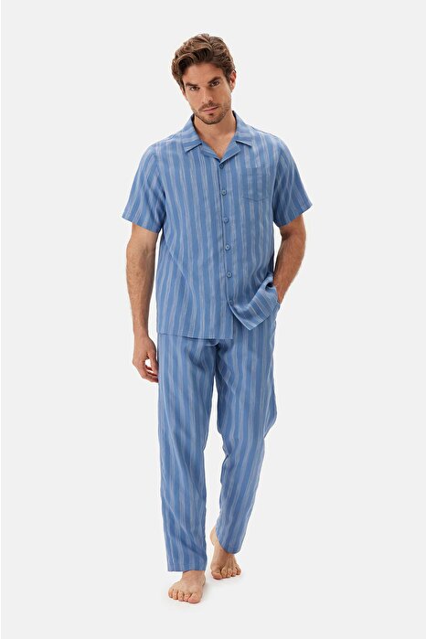 Mavi Çizgili Dokuma Pantolon Pijama Altı