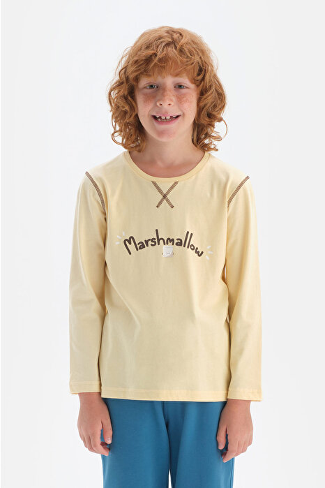Erkek Çocuk Açık Sarı Uzun Kol Bisiklet Yaka Pamuklu T-Shirt