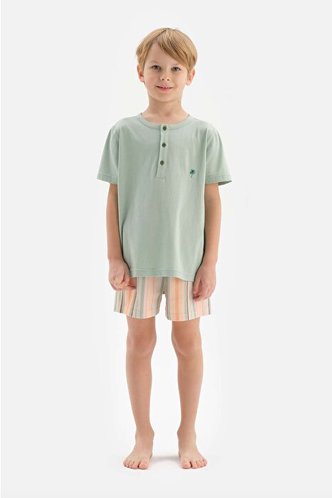 Mınt Yarım Patlı Nakış Detaylı Tişört Şort Pijama Takımı